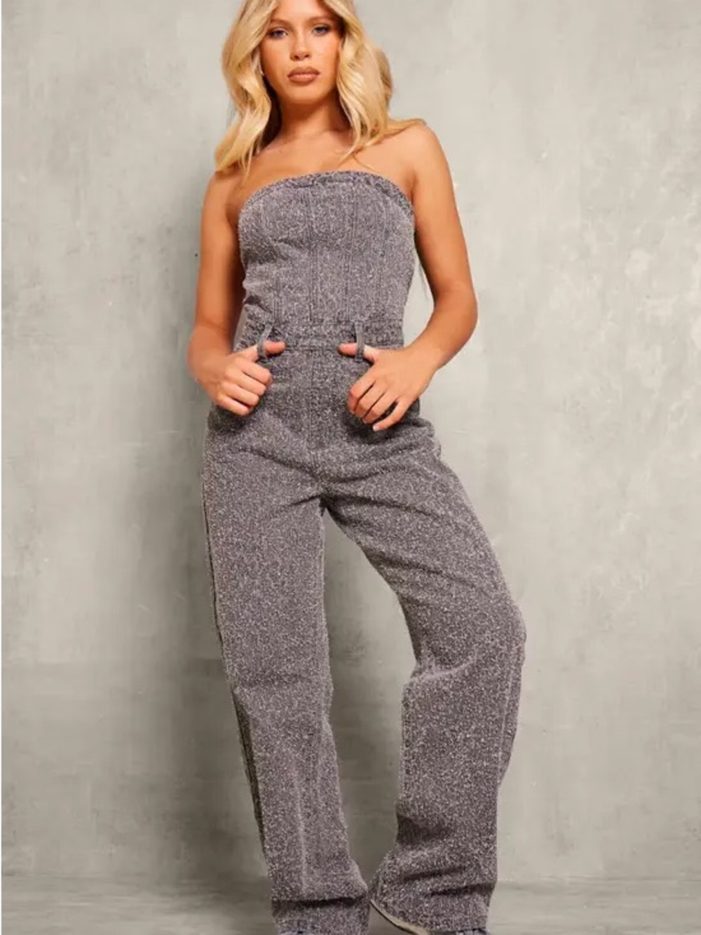 PrettyLittleThing Strapless Wide-Leg Knit Jumpsuit in Gray